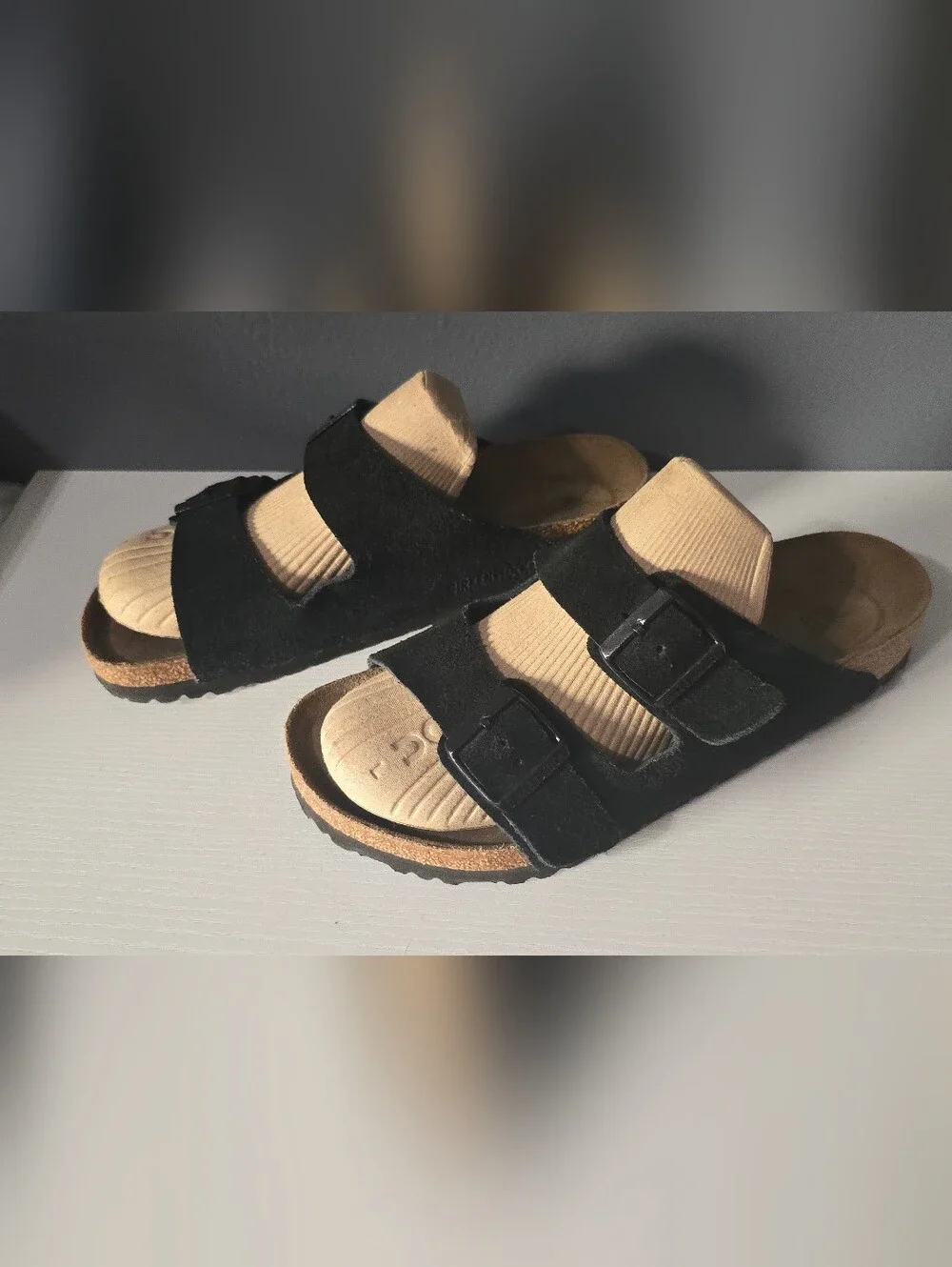 Birkenstock Men's Black Suede Two-Strap Cork Footbed Sandals